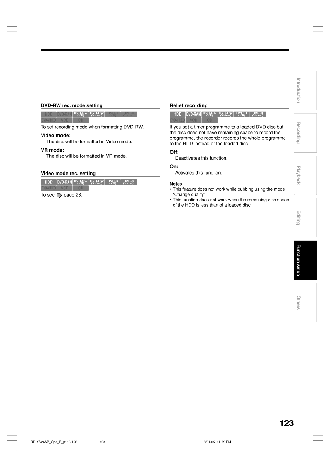 Toshiba RD-XS24SB owner manual 123, DVD-RW rec. mode setting, VR mode, Video mode rec. setting 