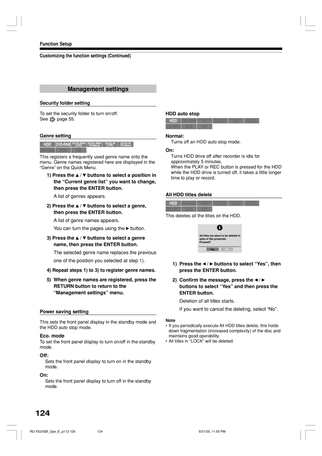 Toshiba RD-XS24SB owner manual 124, Management settings 