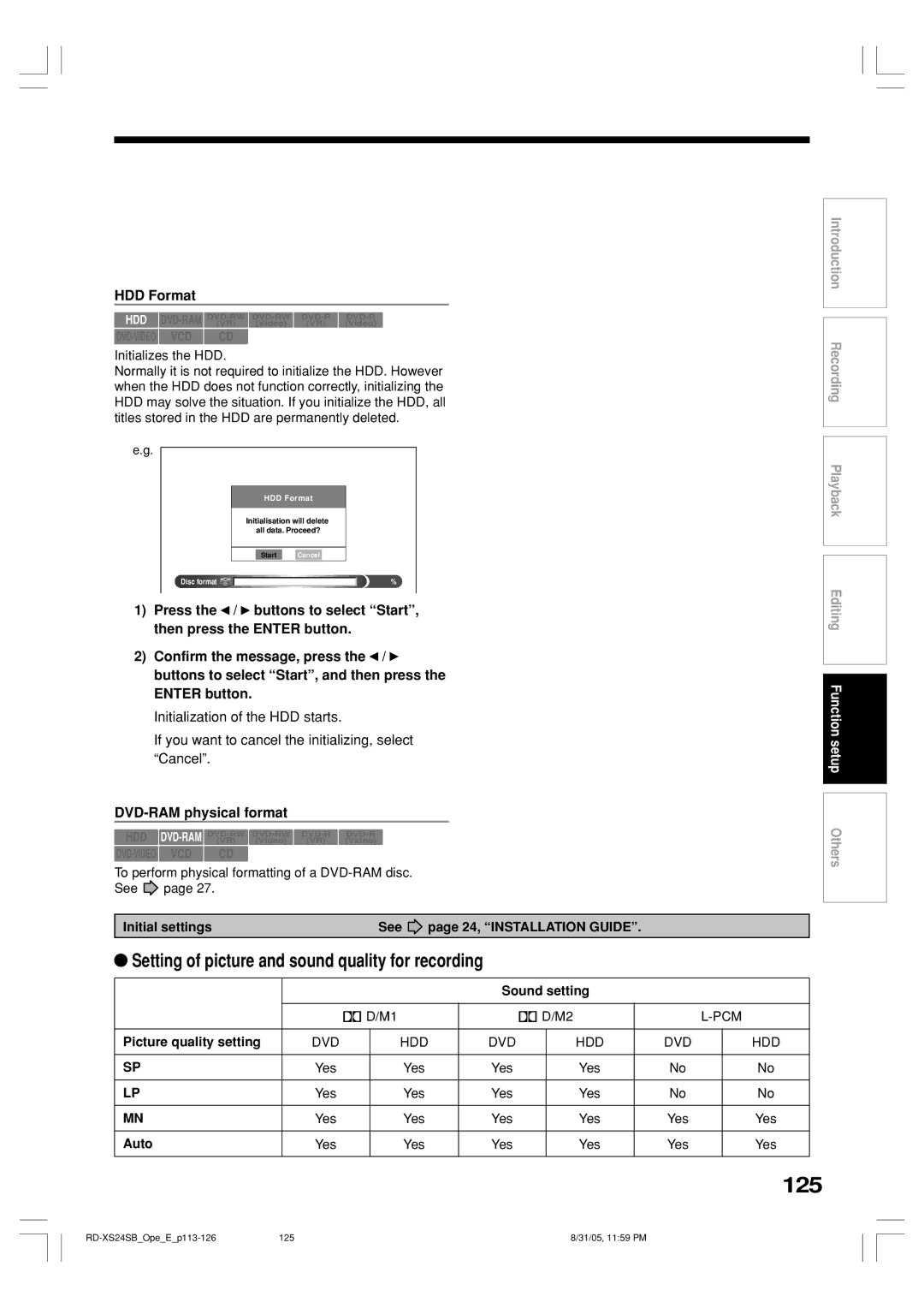 Toshiba RD-XS24SB owner manual 125, Setting of picture and sound quality for recording, HDD Format, DVD-RAM physical format 