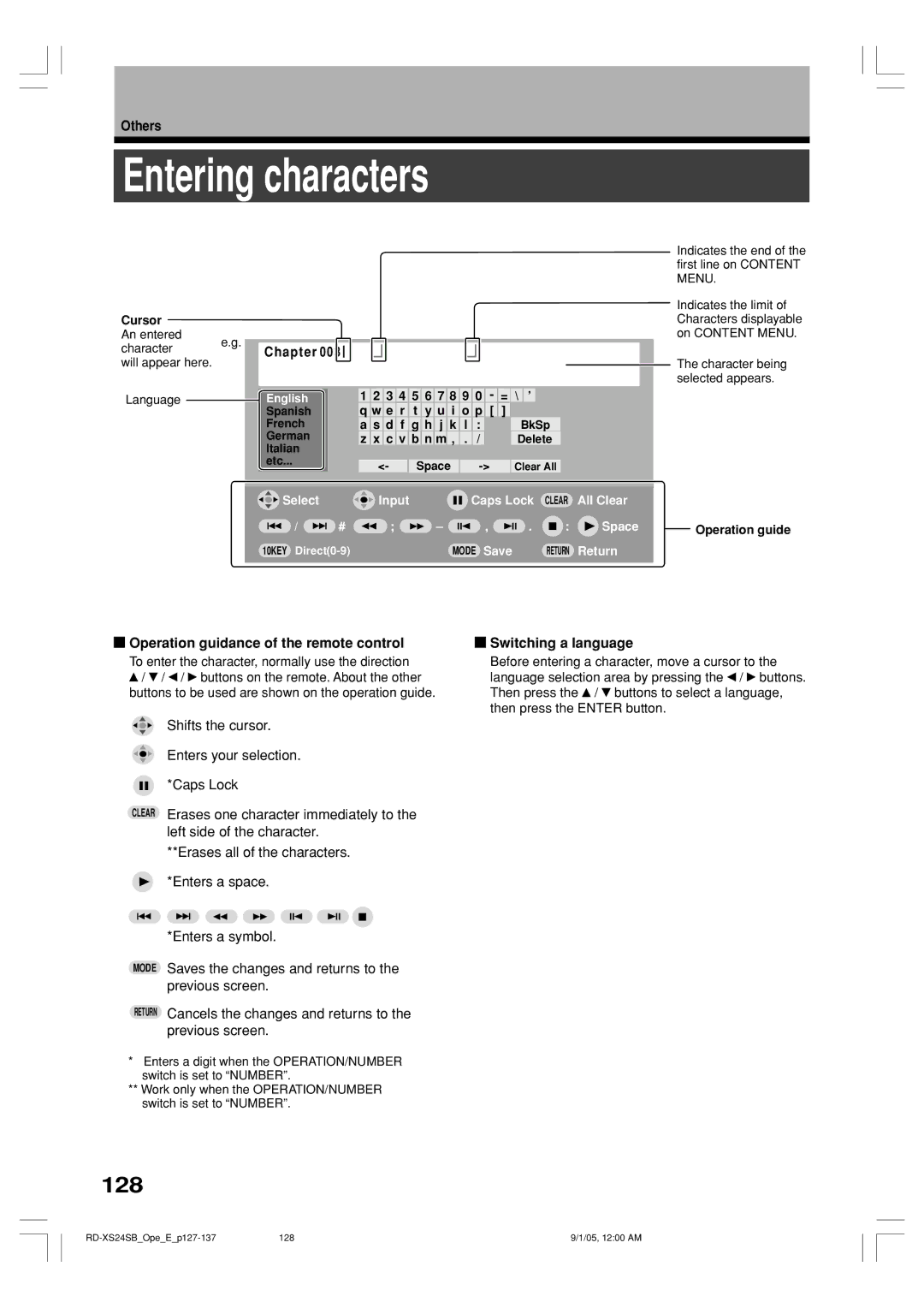 Toshiba RD-XS24SB owner manual Entering characters, 128, CharacterChapter 003 will appear here, Cursor, Operation guide 