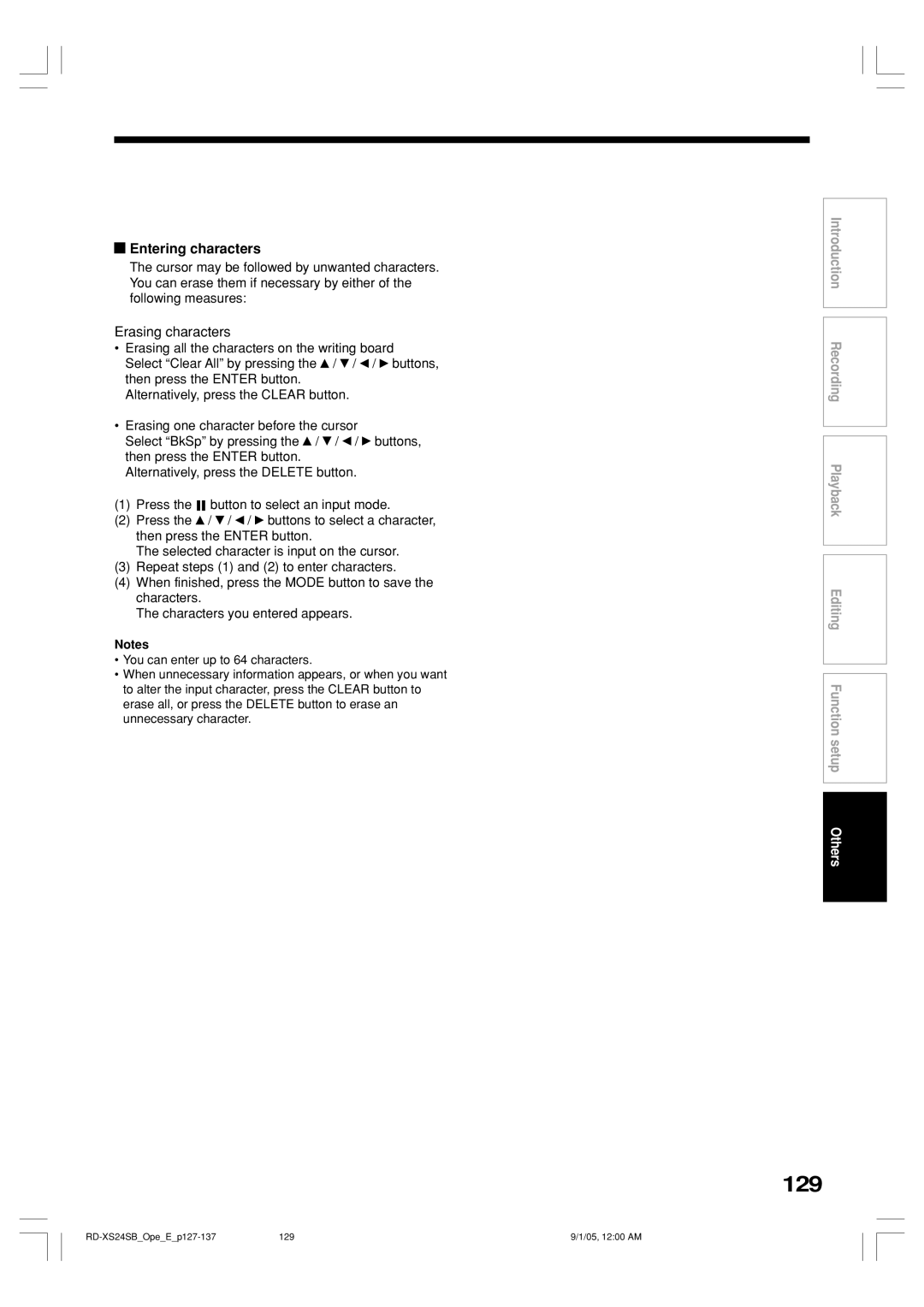 Toshiba RD-XS24SB owner manual 129, Entering characters 