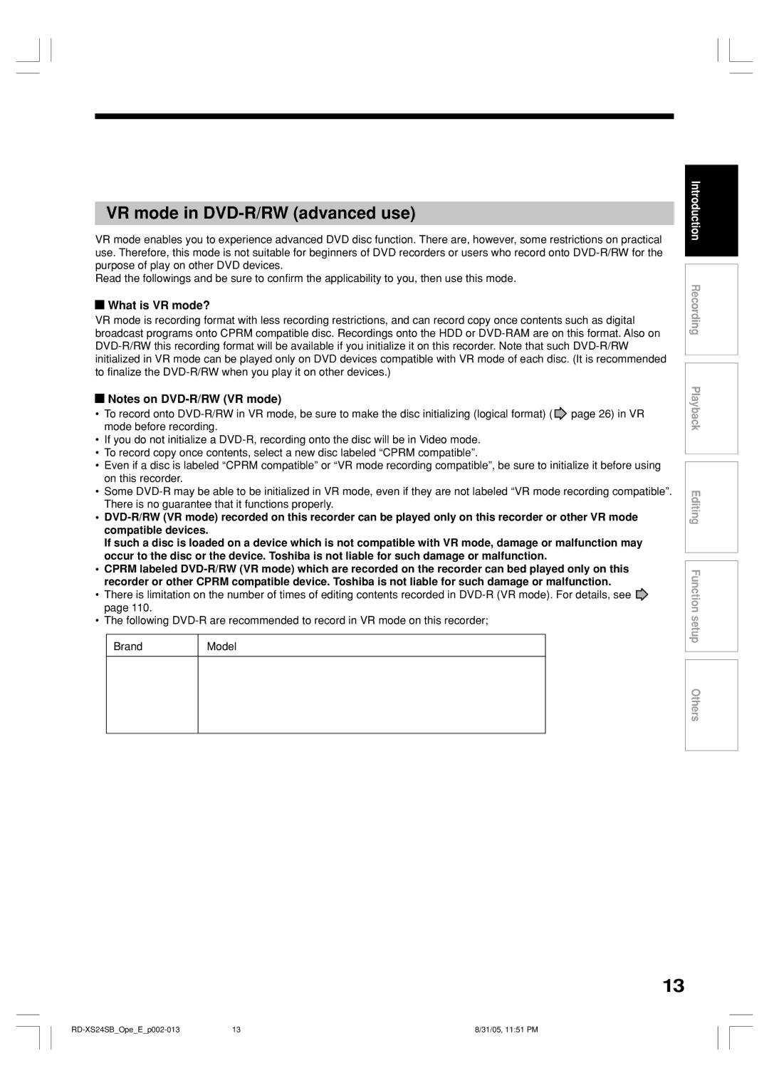 Toshiba RD-XS24SB owner manual VR mode in DVD-R/RW advanced use, What is VR mode? 