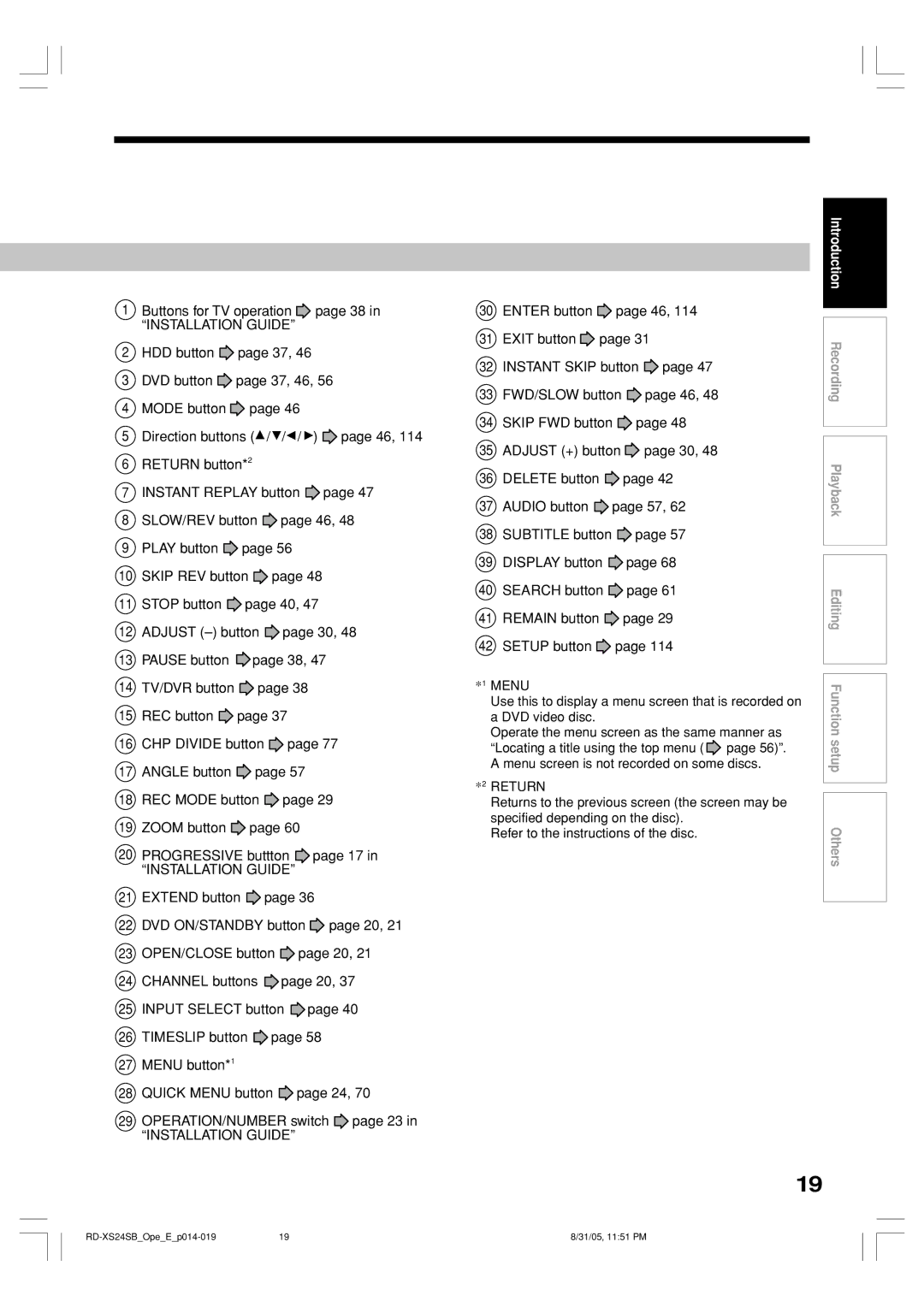 Toshiba RD-XS24SB owner manual Delete button, Menu, Use this to display a menu screen that is recorded on, Return 