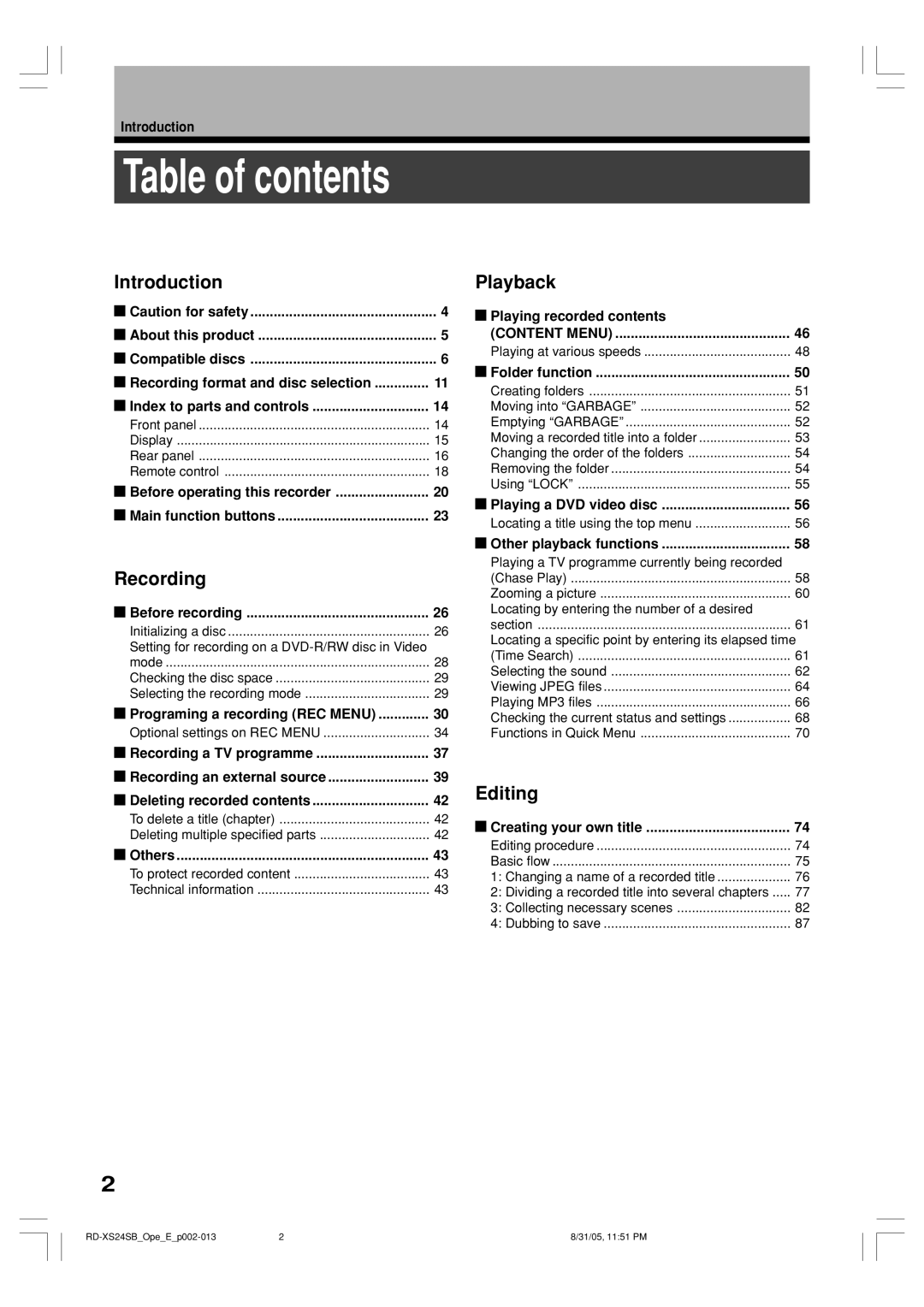 Toshiba RD-XS24SB owner manual Table of contents 