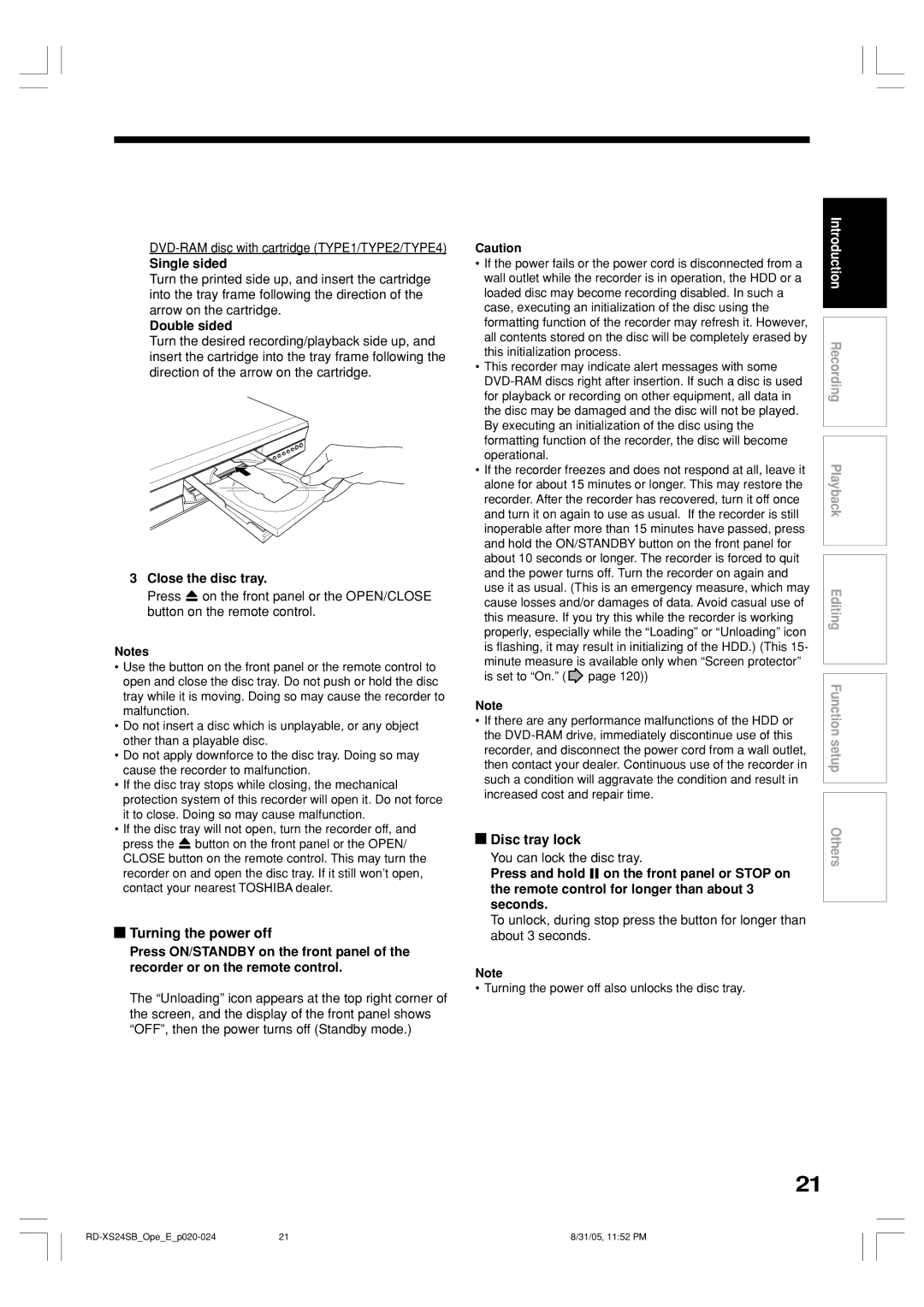 Toshiba RD-XS24SB owner manual Turning the power off, Disc tray lock, Single sided, Double sided, Close the disc tray 