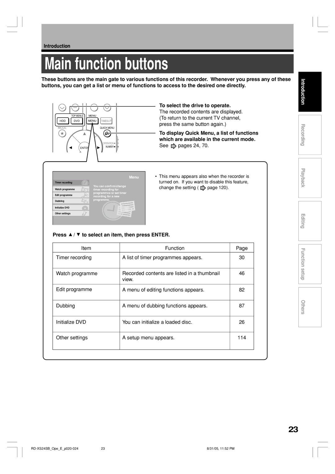 Toshiba RD-XS24SB Main function buttons, To select the drive to operate, Press, To select an item, then press Enter, 114 