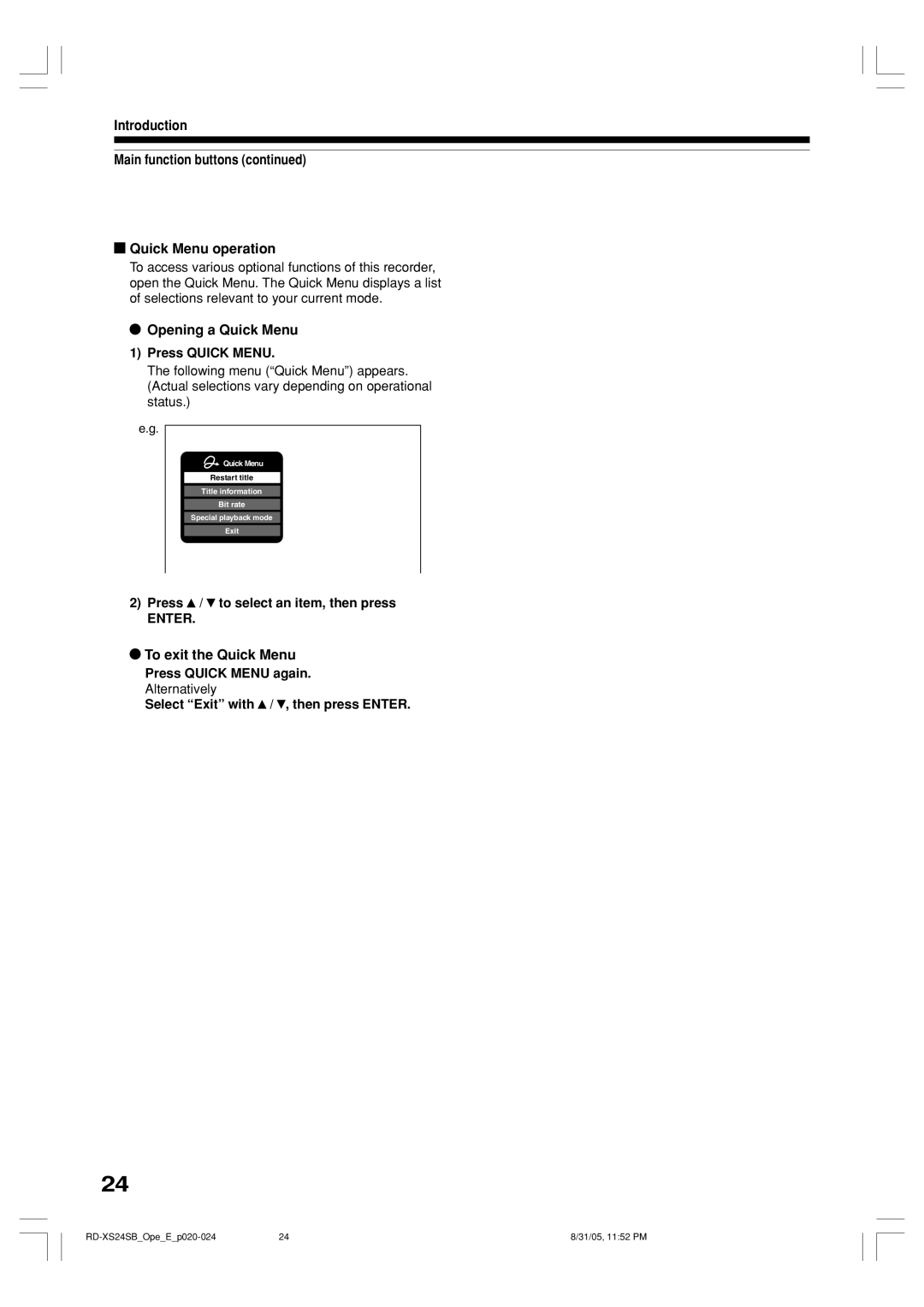 Toshiba RD-XS24SB Introduction Main function buttons Quick Menu operation, Opening a Quick Menu, Press Quick Menu 