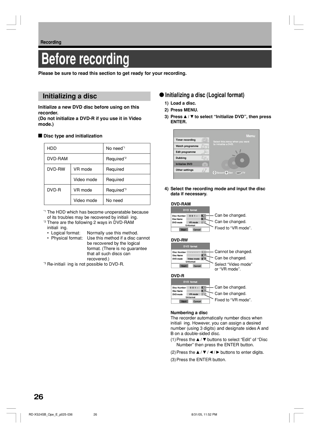 Toshiba RD-XS24SB owner manual Before recording, Initializing a disc Logical format, Recording, Numbering a disc 