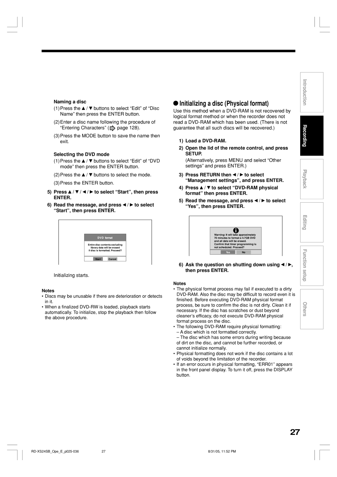 Toshiba RD-XS24SB owner manual Initializing a disc Physical format, Naming a disc, Selecting the DVD mode 