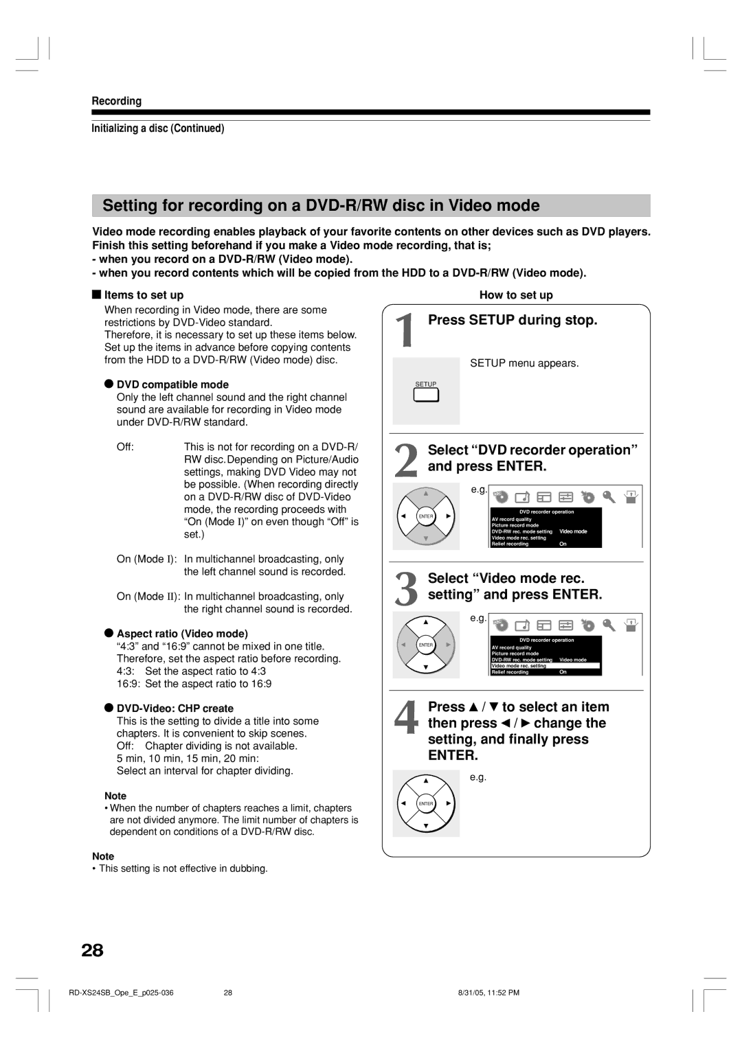 Toshiba RD-XS24SB owner manual Setting for recording on a DVD-R/RW disc in Video mode, Press Setup during stop 