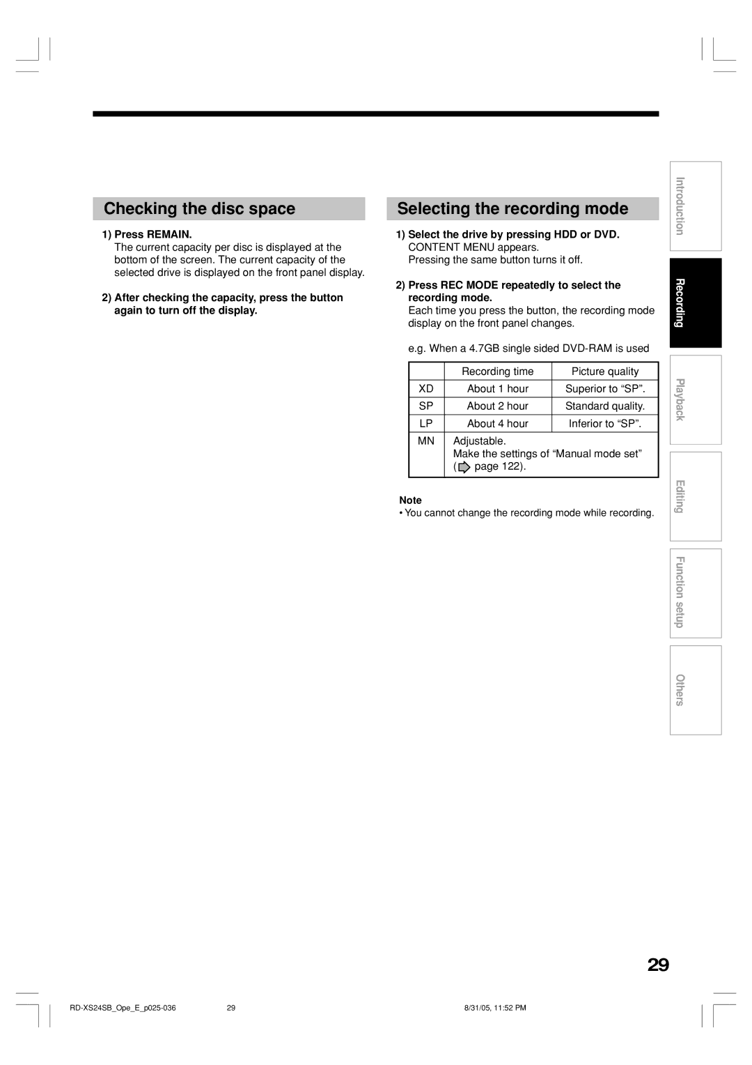 Toshiba RD-XS24SB owner manual Checking the disc space, Selecting the recording mode, Press Remain 