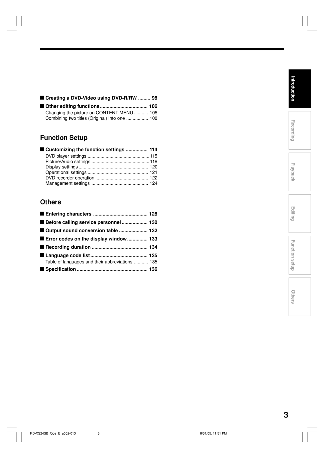 Toshiba RD-XS24SB owner manual Function Setup, Others 