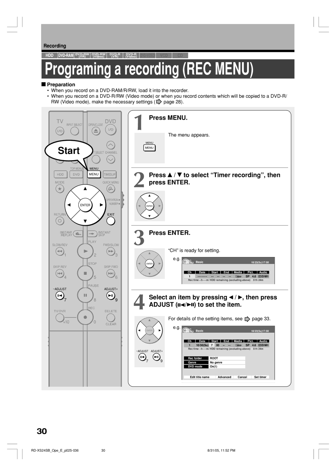 Toshiba RD-XS24SB owner manual Press Menu, Press / to select Timer recording, then press Enter, Press Enter, Preparation 