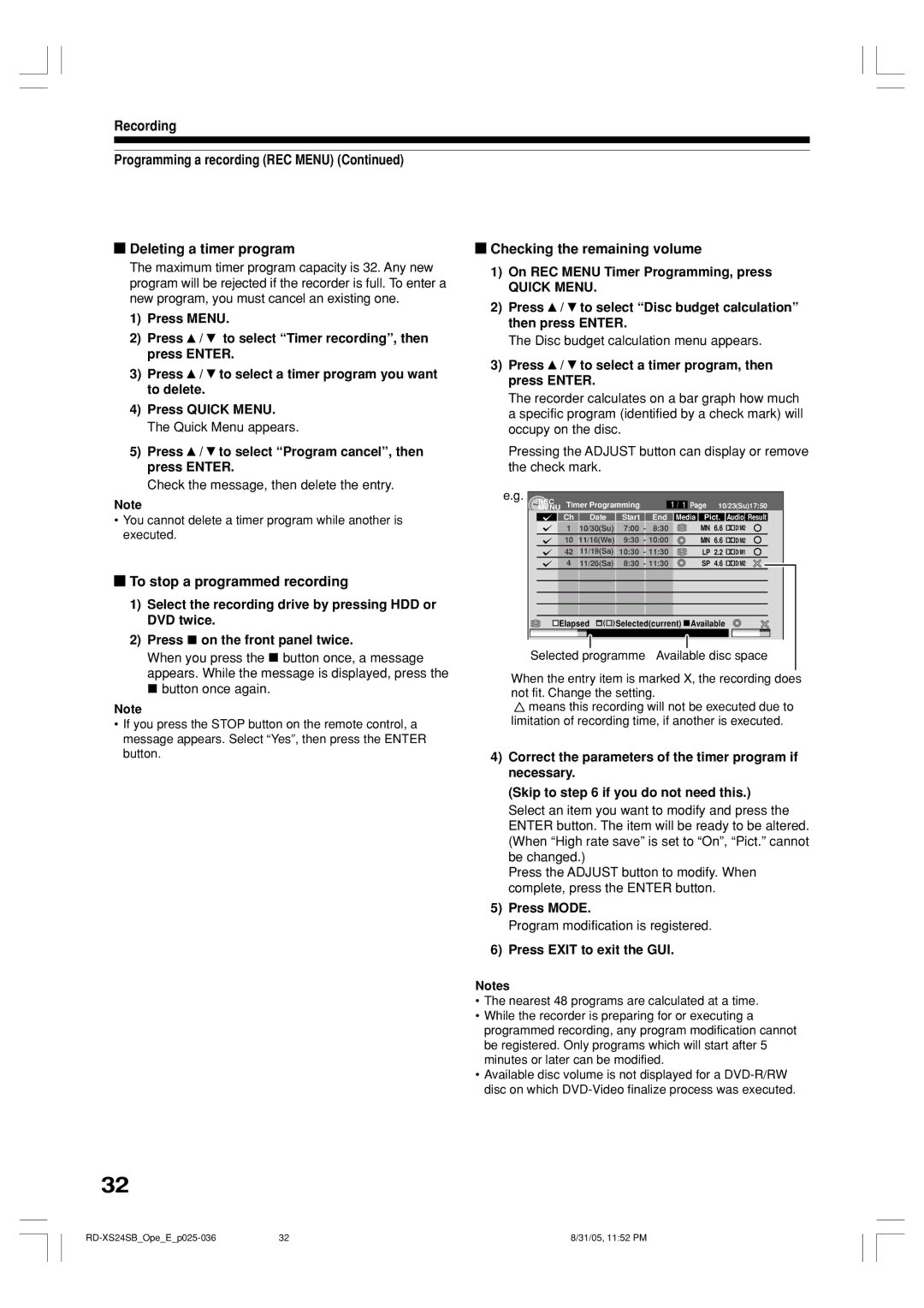 Toshiba RD-XS24SB To stop a programmed recording, Selected programme, Press Mode, Program modification is registered 