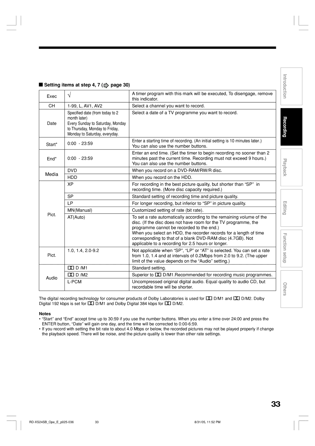 Toshiba RD-XS24SB owner manual Setting items at , 7, Dvd, Pcm 