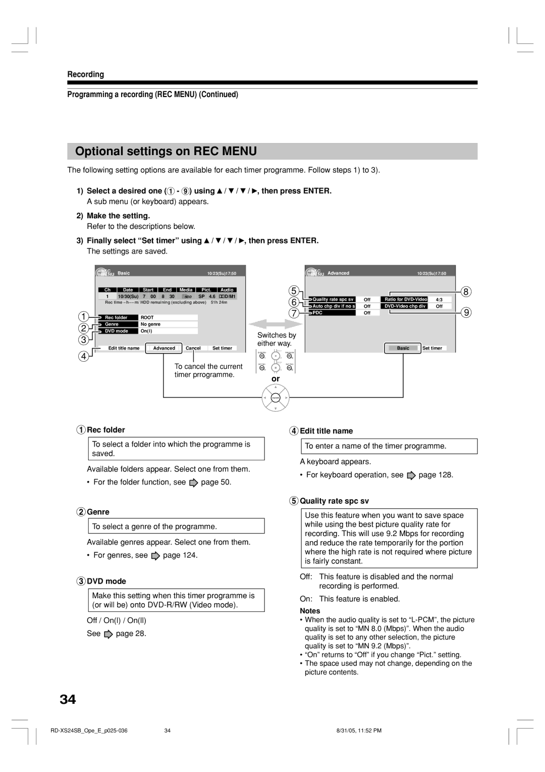 Toshiba RD-XS24SB owner manual Optional settings on REC Menu, Recording Programming a recording REC Menu 