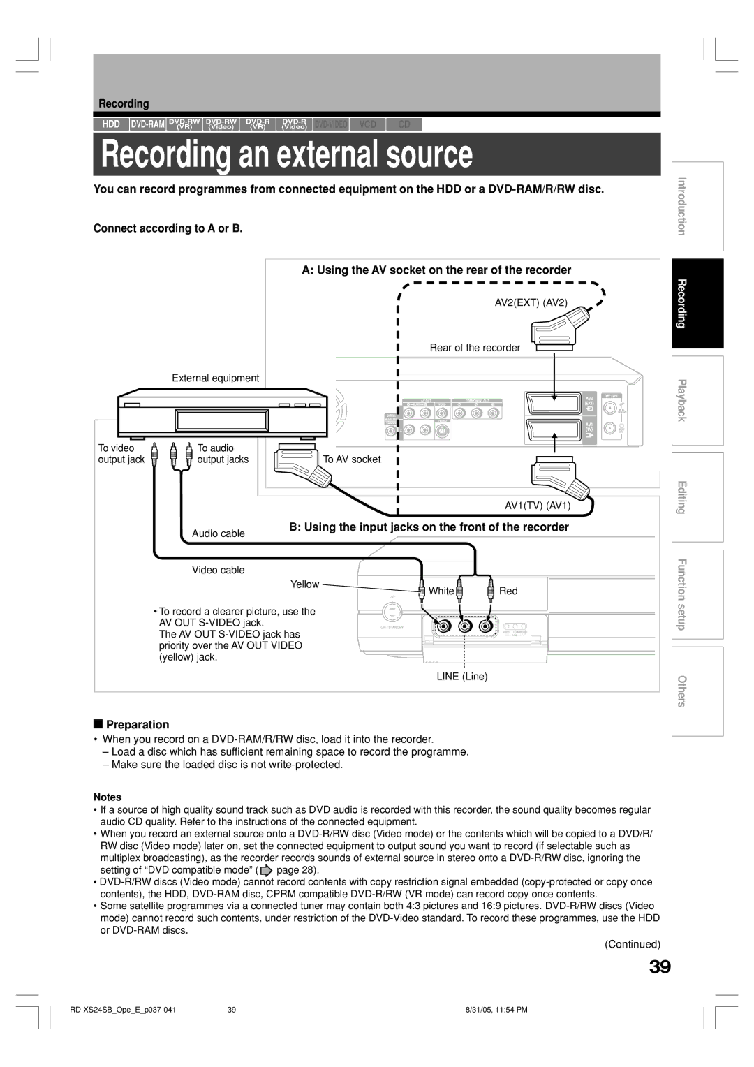 Toshiba RD-XS24SB Recording an external source, Using the input jacks on the front of the recorder, Yellow White Red 