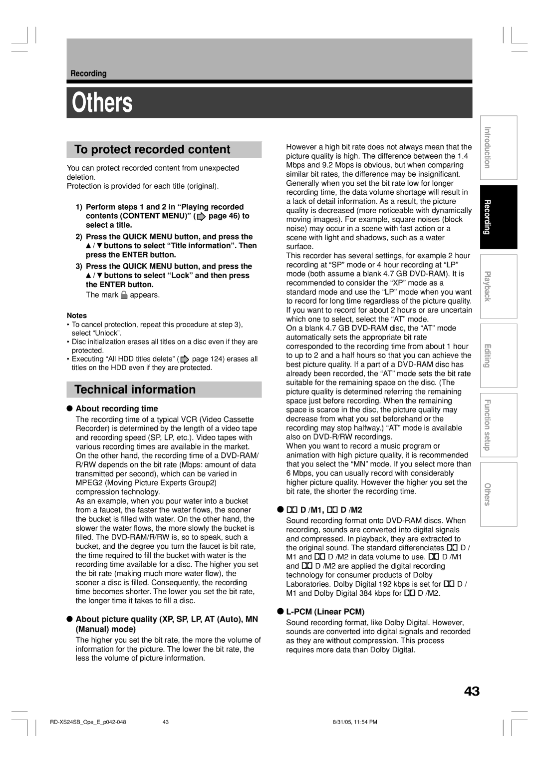 Toshiba RD-XS24SB owner manual Others, To protect recorded content, Technical information 