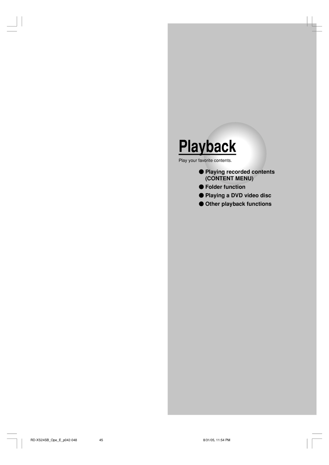 Toshiba RD-XS24SB owner manual Playback, Play your favorite contents 