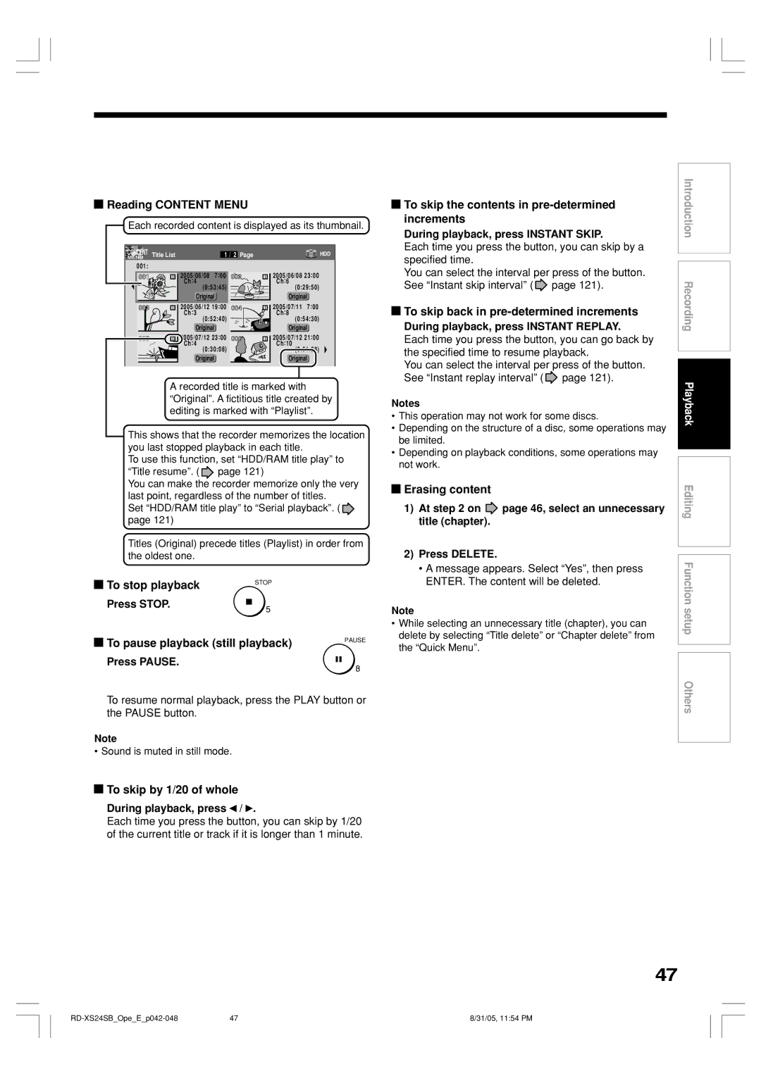 Toshiba RD-XS24SB Reading Content Menu, To stop playback, To pause playback still playback, To skip by 1/20 of whole 