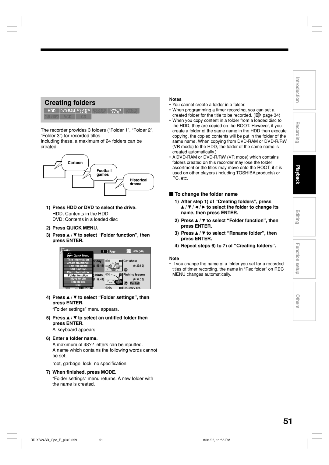 Toshiba RD-XS24SB Creating folders, To change the folder name, Folder settings menu appears, Enter a folder name 