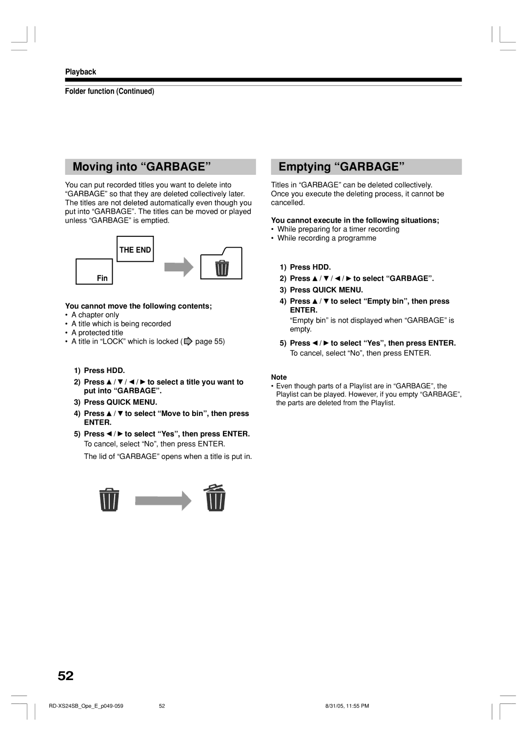 Toshiba RD-XS24SB owner manual Moving into Garbage, Emptying Garbage, Playback Folder function, Fin 