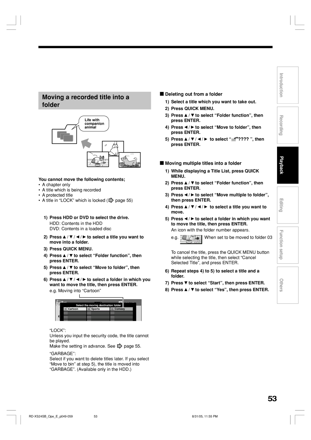 Toshiba RD-XS24SB Moving a recorded title into a Folder, Deleting out from a folder, Moving multiple titles into a folder 