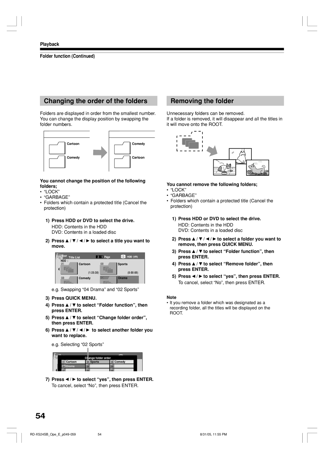 Toshiba RD-XS24SB owner manual Changing the order of the folders, Removing the folder 