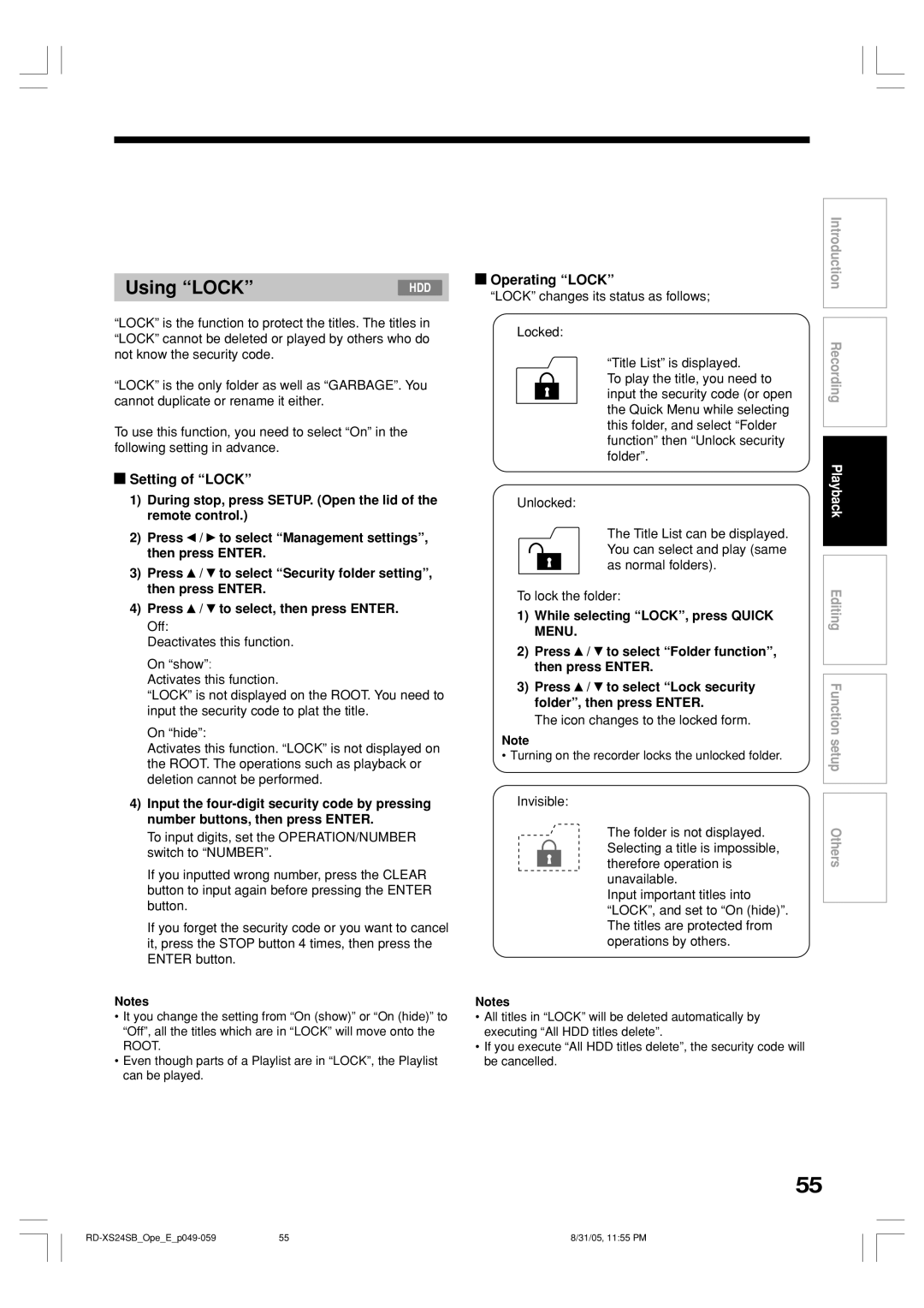 Toshiba RD-XS24SB owner manual Setting of Lock, Operating Lock, Press To select, then press Enter Off 