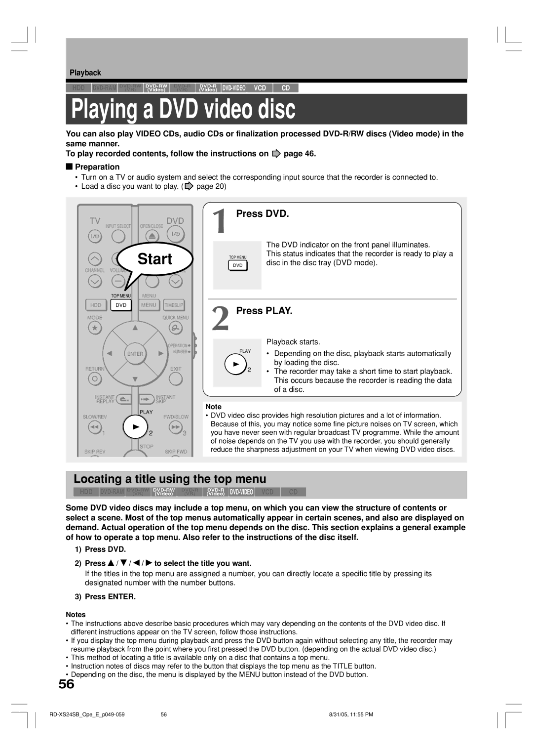 Toshiba RD-XS24SB owner manual Playing a DVD video disc, Locating a title using the top menu, Press DVD, Press Play 