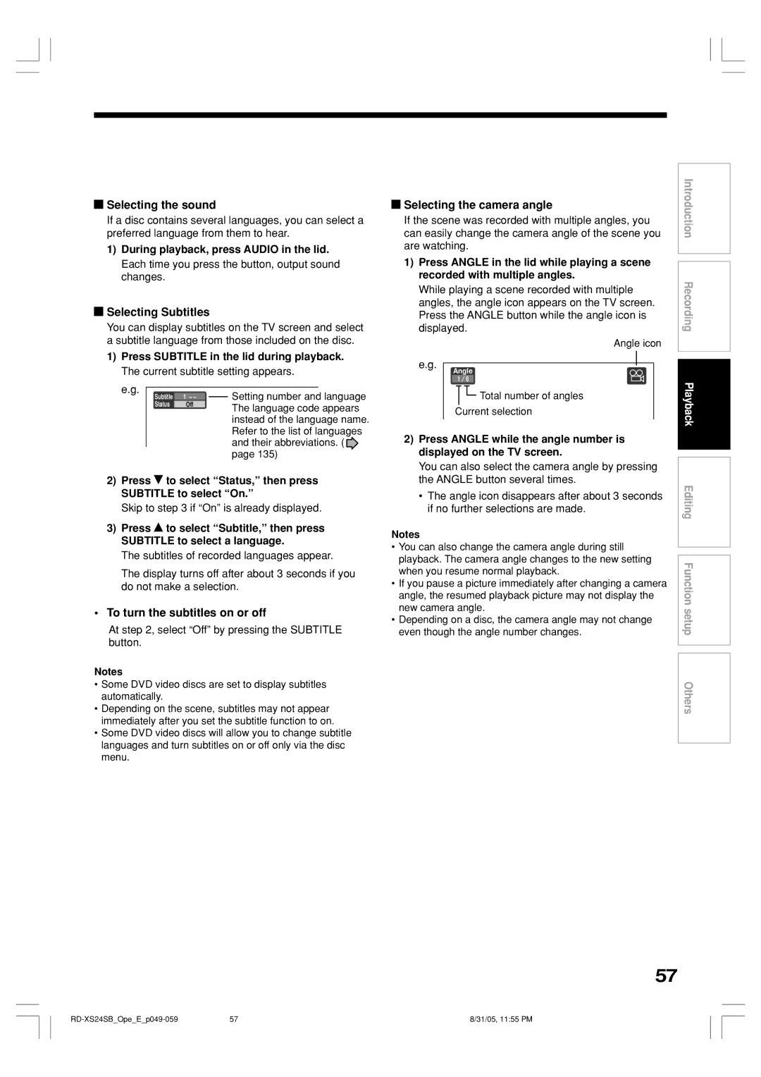 Toshiba RD-XS24SB Selecting the sound, Selecting Subtitles, To turn the subtitles on or off, Selecting the camera angle 