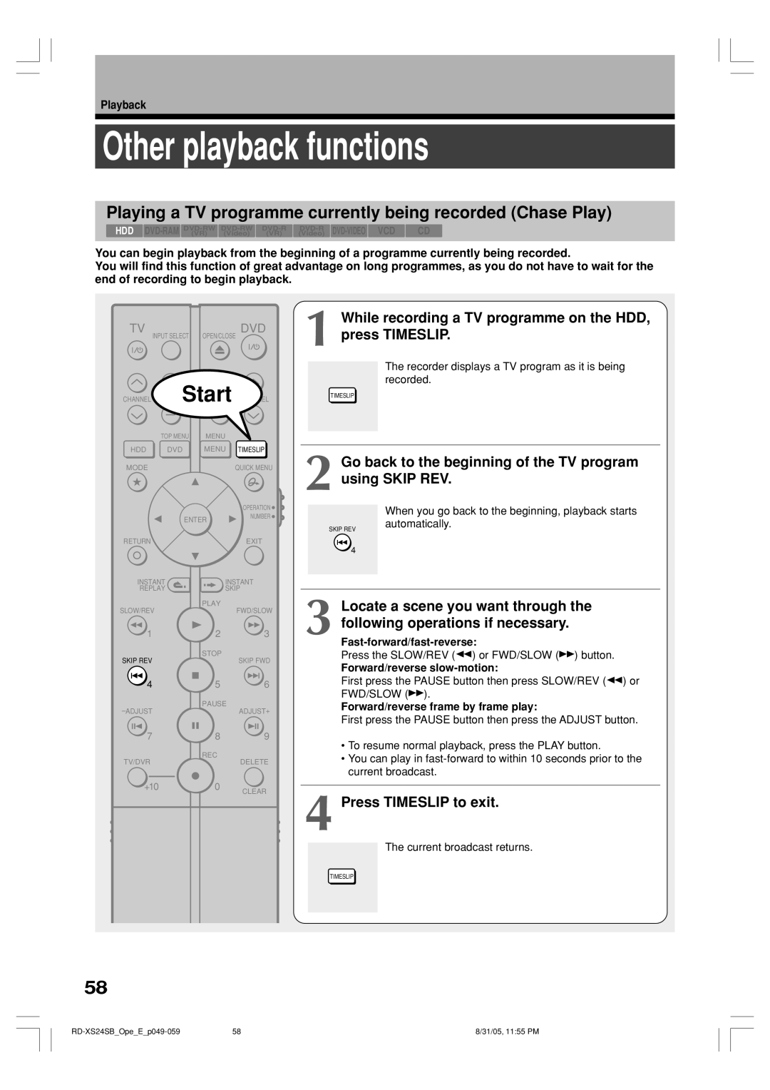 Toshiba RD-XS24SB owner manual Other playback functions, Playing a TV programme currently being recorded Chase Play 