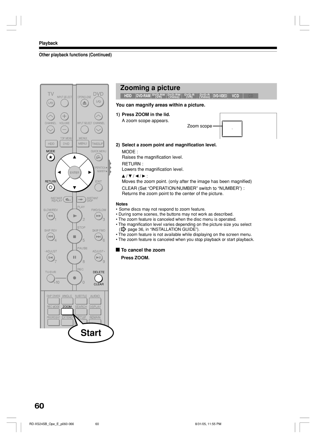 Toshiba RD-XS24SB owner manual Zooming a picture, Playback Other playback functions, You can magnify areas within a picture 