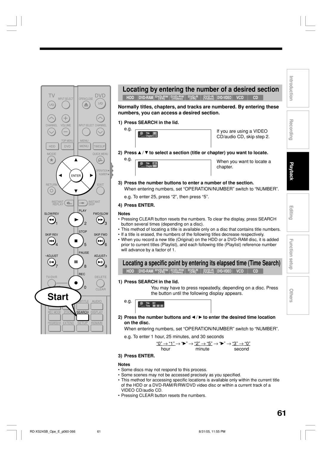 Toshiba RD-XS24SB owner manual Press Search in the lid, Press the number buttons to enter a number of the section 