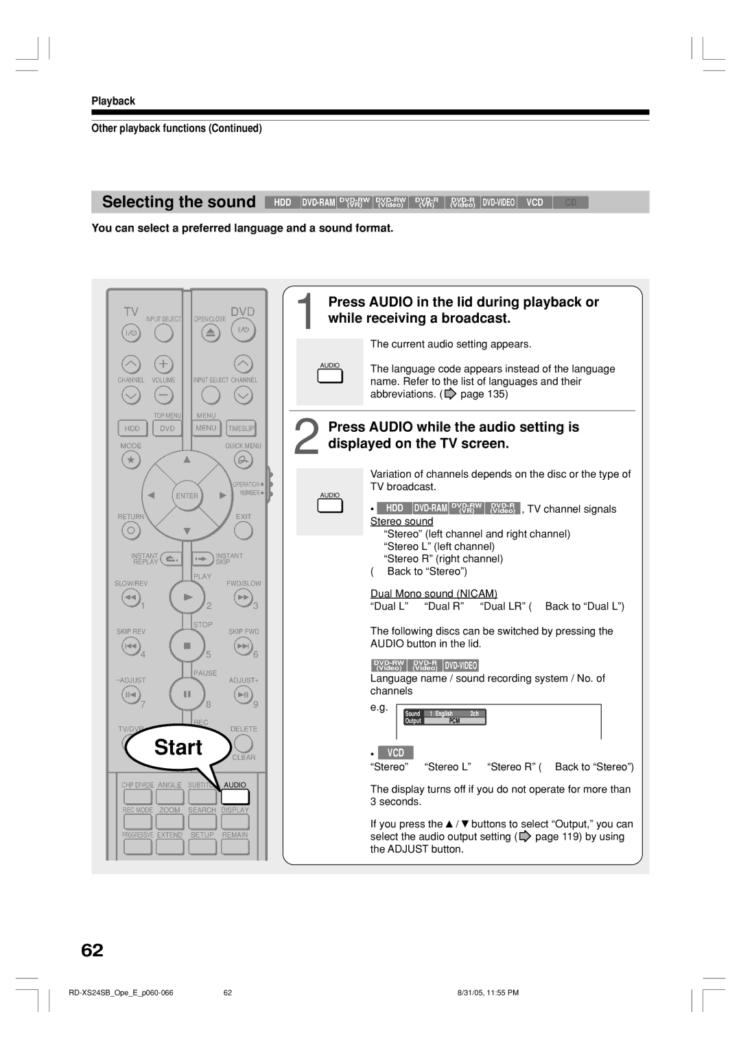 Toshiba RD-XS24SB owner manual You can select a preferred language and a sound format 