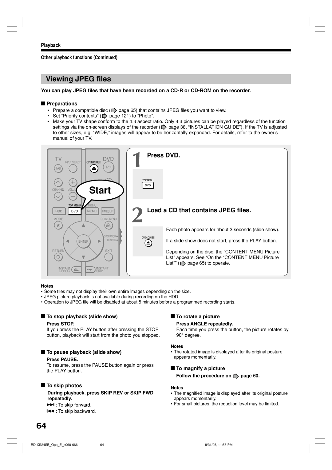 Toshiba RD-XS24SB owner manual Viewing Jpeg files, Load a CD that contains Jpeg files 