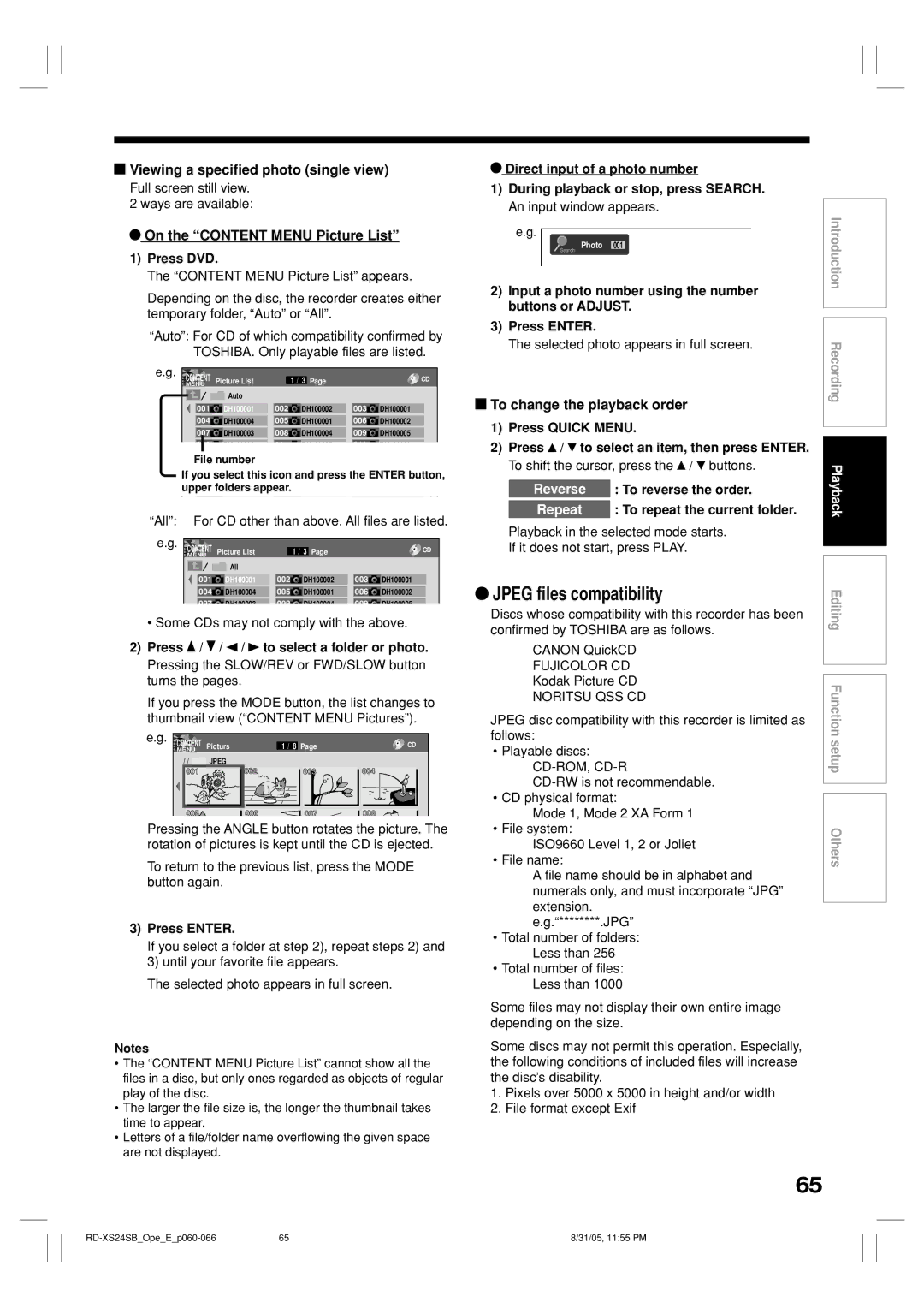 Toshiba RD-XS24SB Jpeg files compatibility, Viewing a specified photo single view, On the Content Menu Picture List 