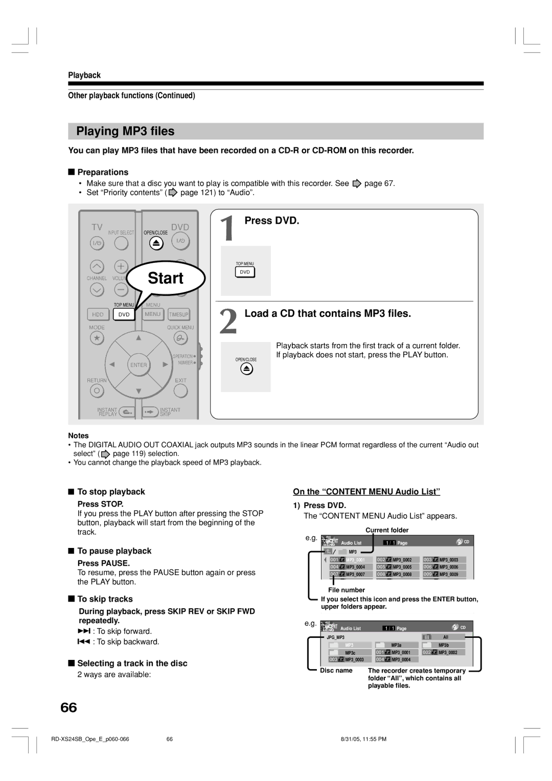 Toshiba RD-XS24SB owner manual Playing MP3 files, Load a CD that contains MP3 files 