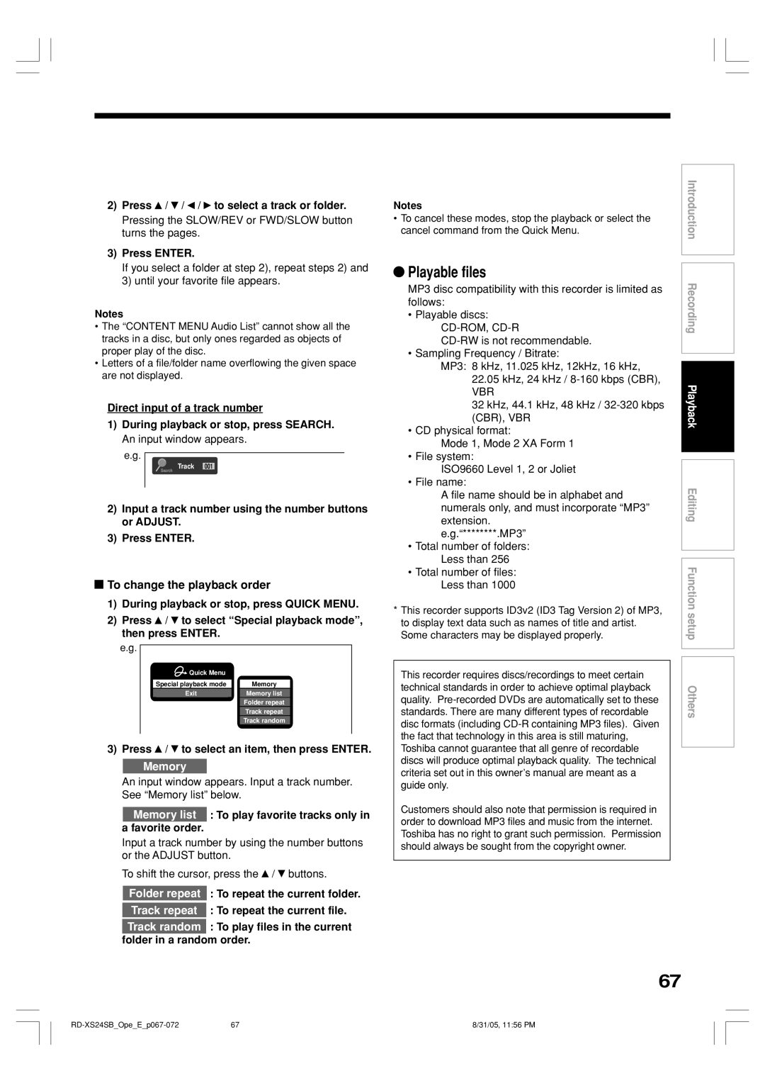 Toshiba RD-XS24SB owner manual Playable files, Press / to select an item, then press Enter 