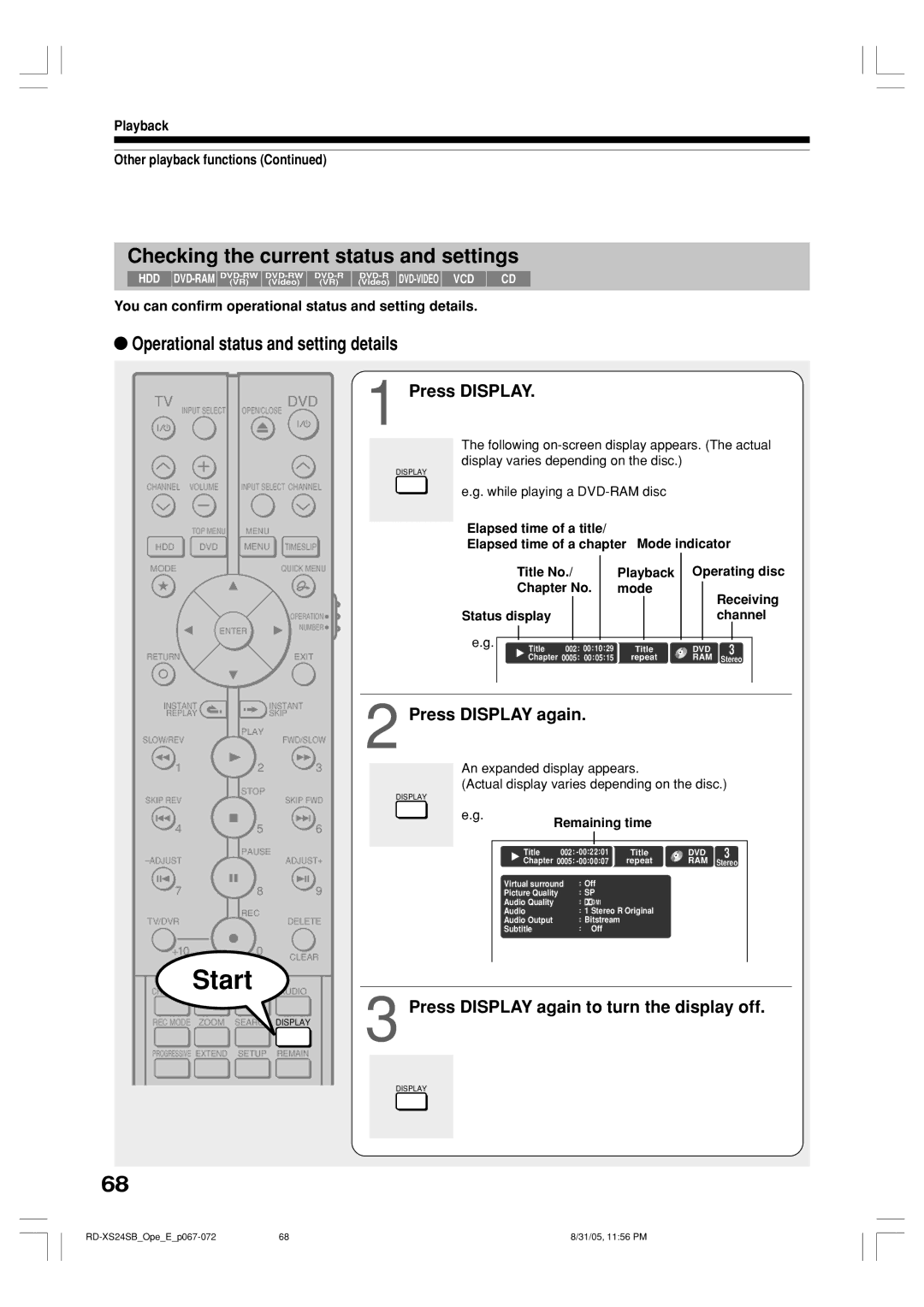 Toshiba RD-XS24SB Checking the current status and settings, Operational status and setting details, Press Display 