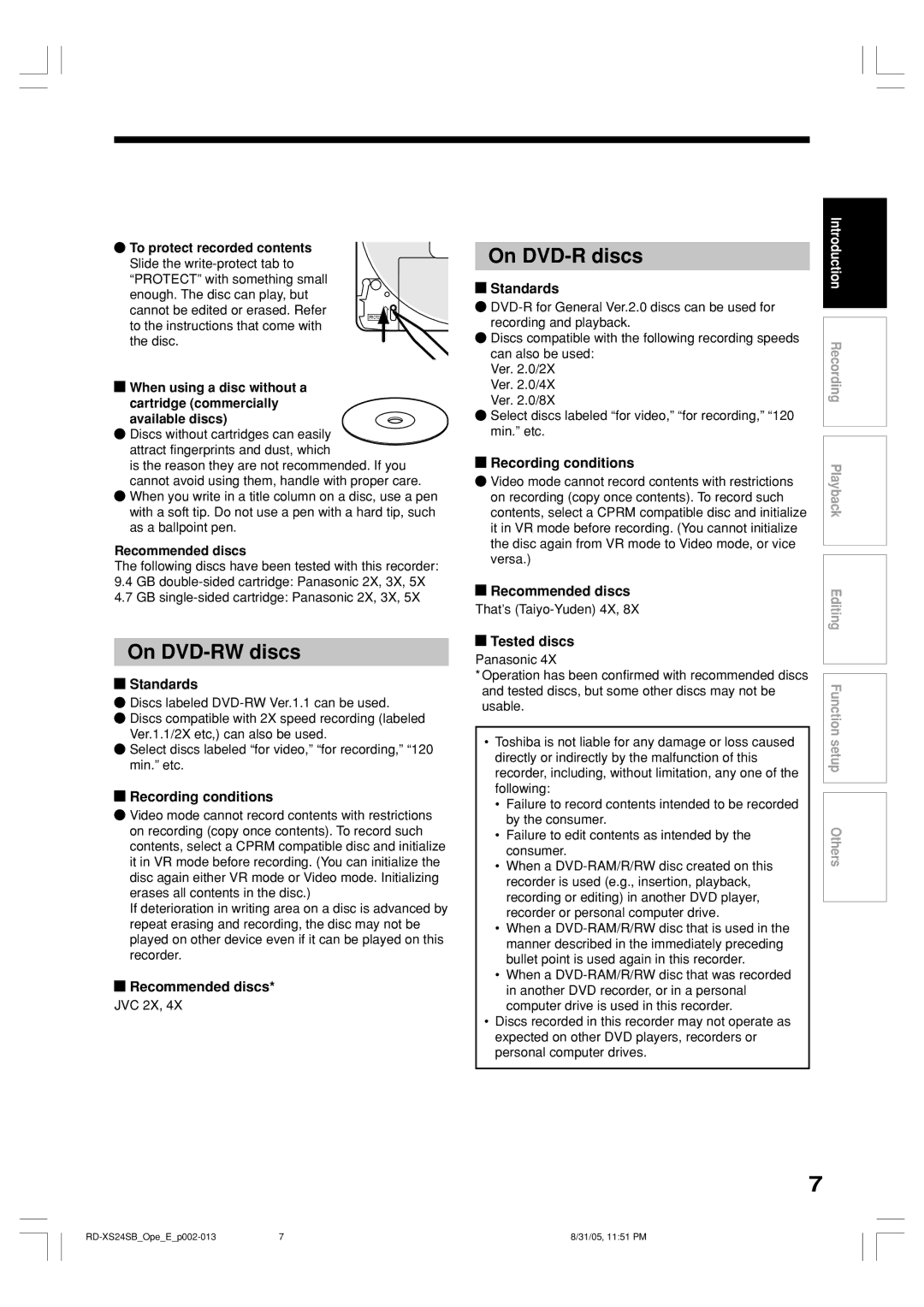 Toshiba RD-XS24SB owner manual On DVD-RW discs, On DVD-R discs 