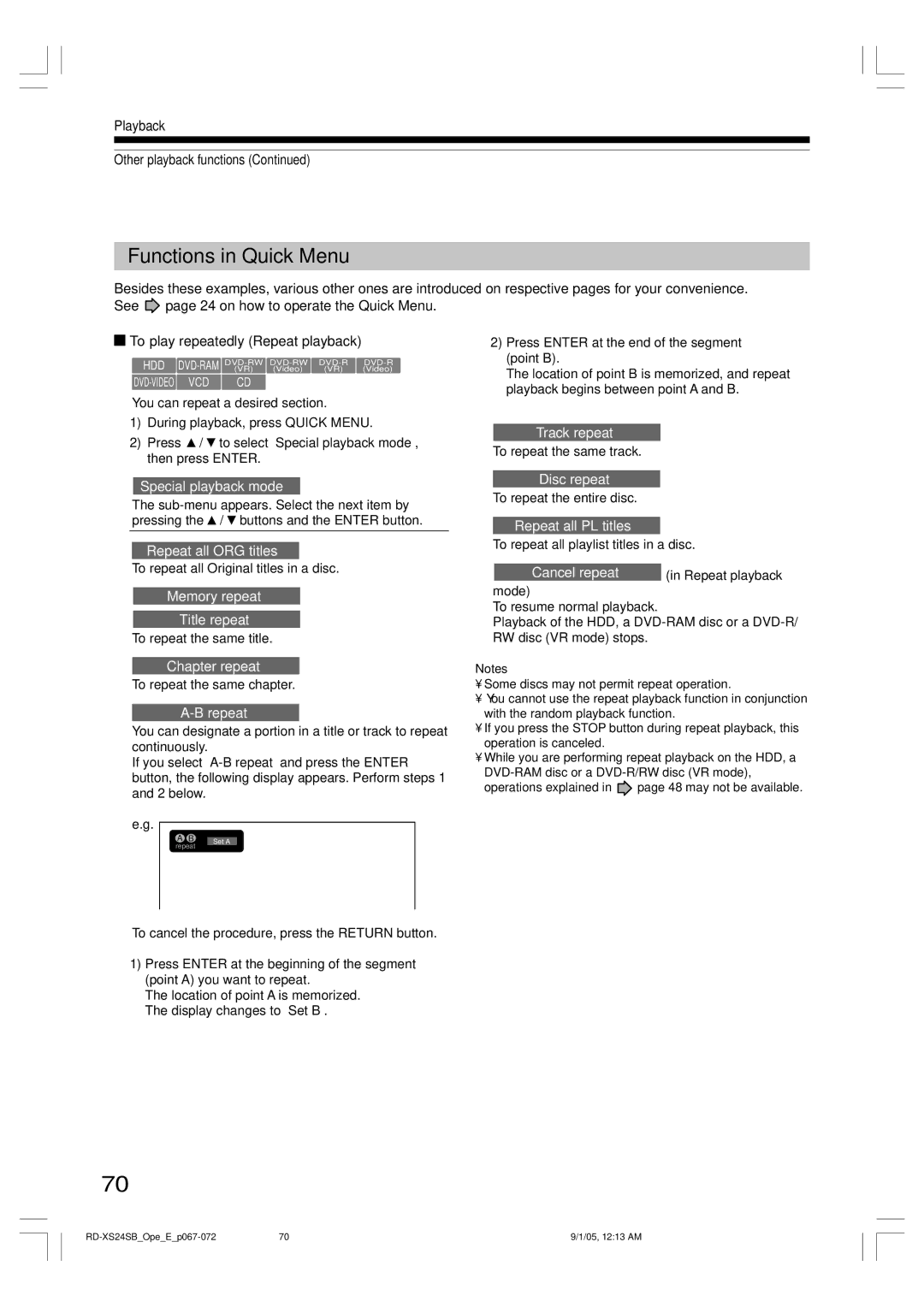 Toshiba RD-XS24SB owner manual Functions in Quick Menu 