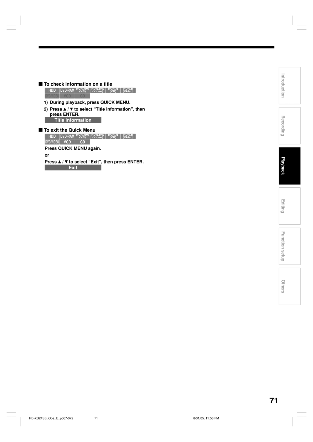 Toshiba RD-XS24SB owner manual To check information on a title, To exit the Quick Menu 