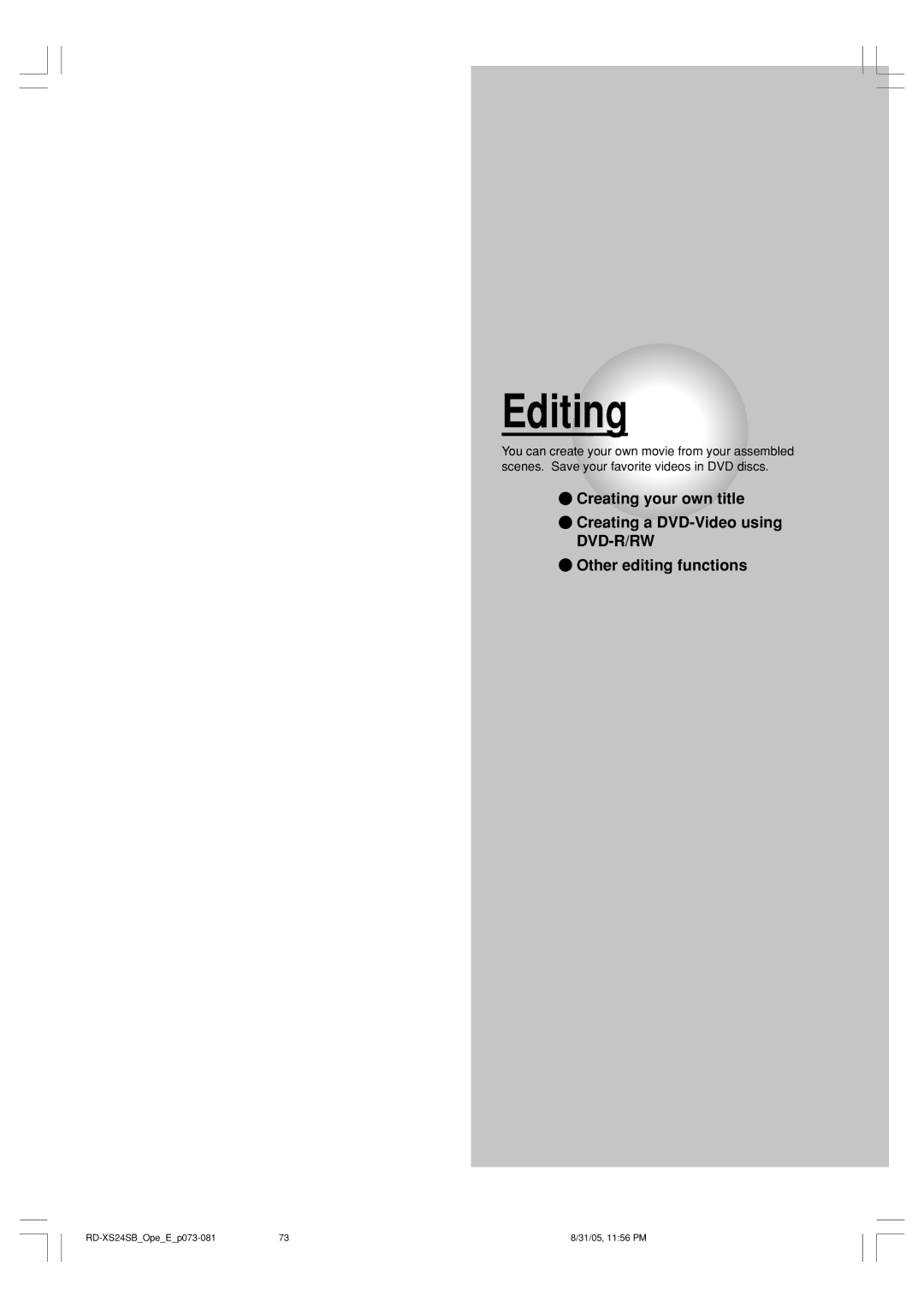 Toshiba RD-XS24SB owner manual Editing 