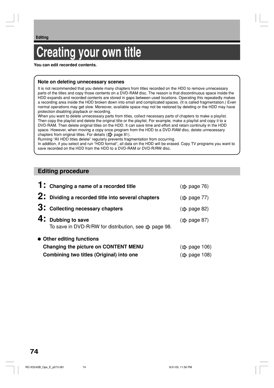 Toshiba RD-XS24SB owner manual Creating your own title, Editing procedure, You can edit recorded contents 