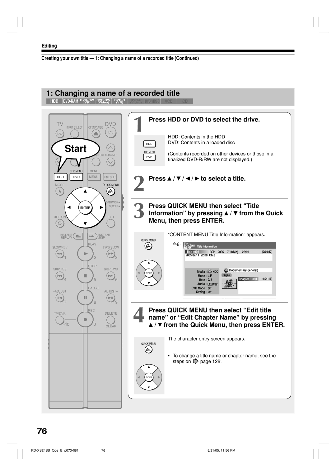 Toshiba RD-XS24SB owner manual Changing a name of a recorded title, To select a title 