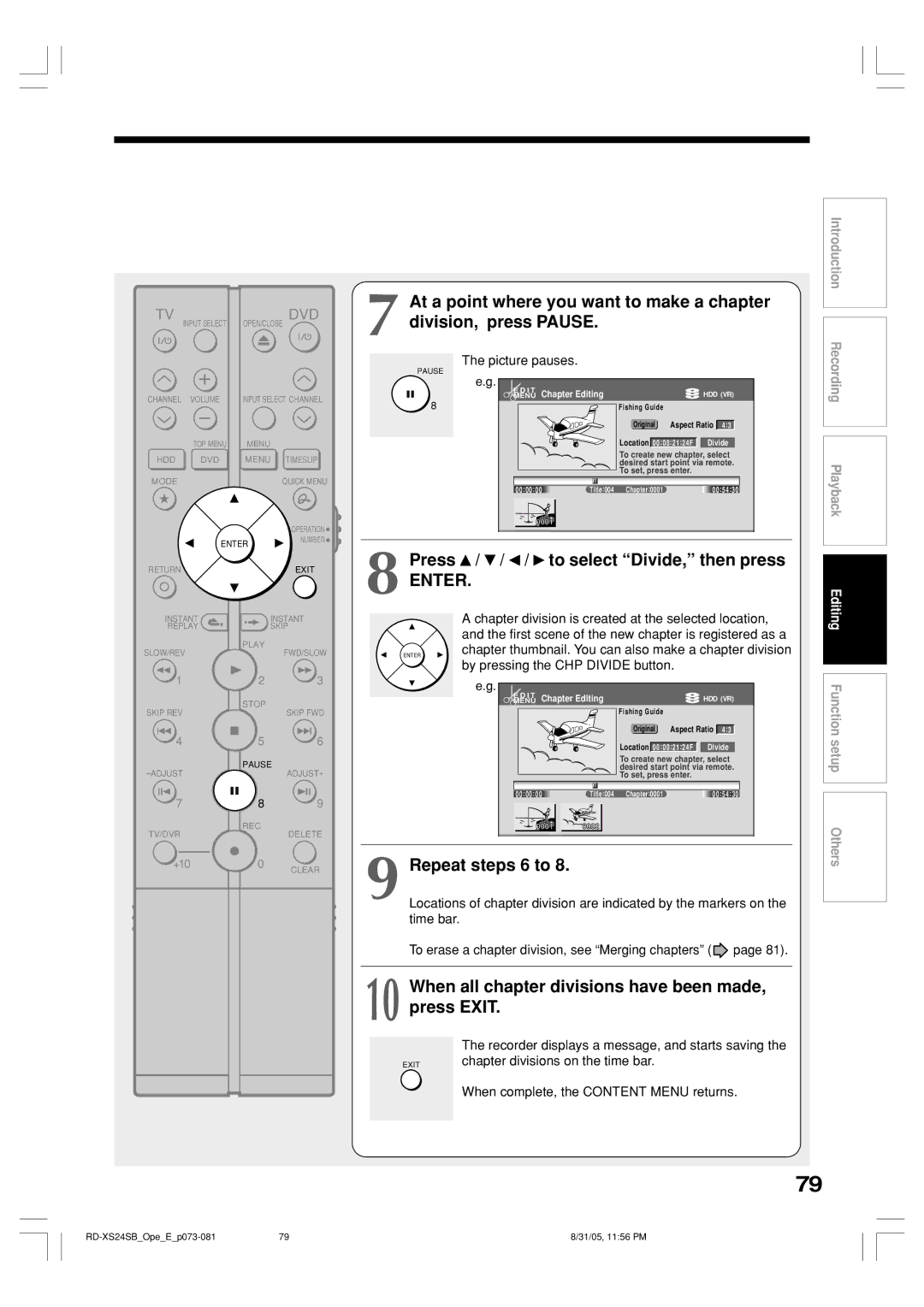 Toshiba RD-XS24SB owner manual Press / / / to select Divide, then press, Repeat steps 6 to 