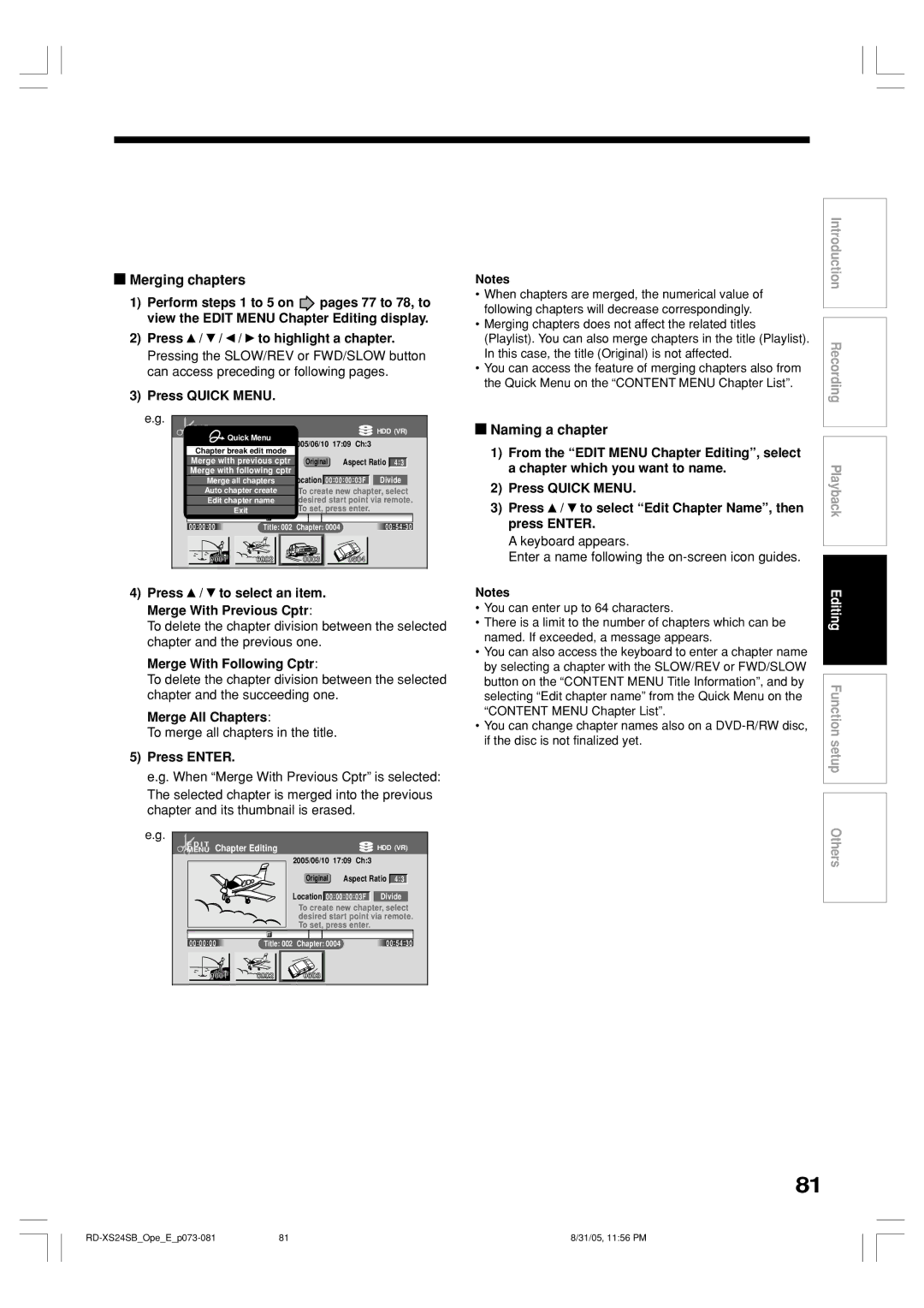 Toshiba RD-XS24SB owner manual Merging chapters, Naming a chapter, Press / to select an item. Merge With Previous Cptr 