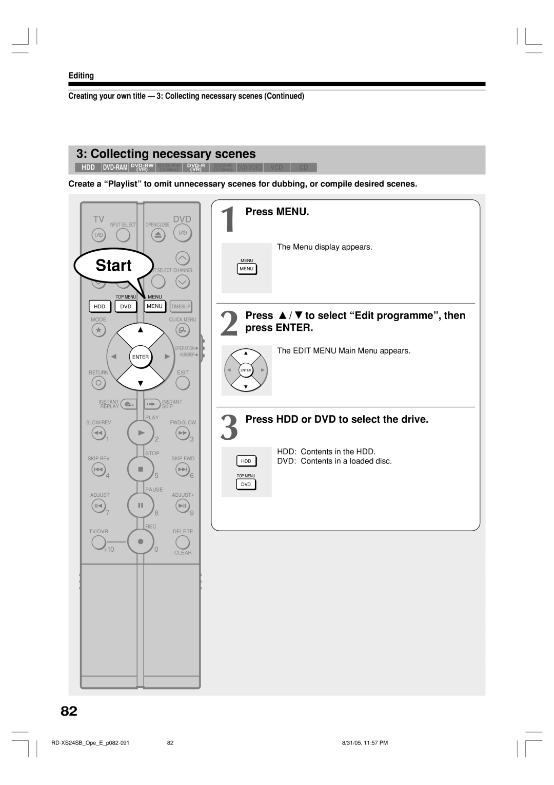 Toshiba RD-XS24SB Collecting necessary scenes, Press / to select Edit programme, then press Enter, Menu display appears 