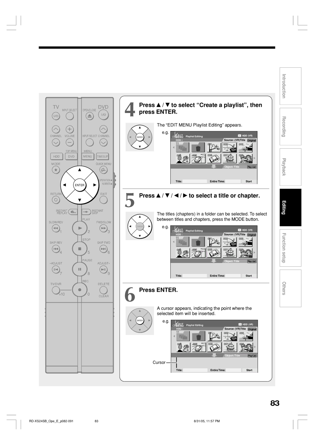 Toshiba RD-XS24SB Press / to select Create a playlist, then press Enter, Press / / / to select a title or chapter, Cursor 